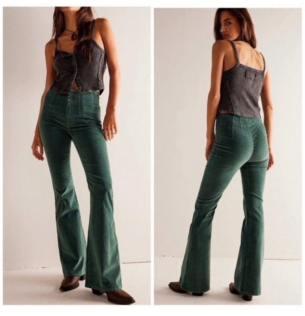 The Free People Jayde Forest Green High Rise Flared Corduroy Pants Size 26